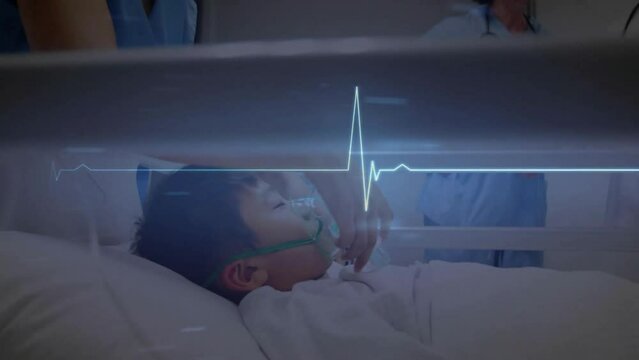 Animation of blue heartbeat monitor over diverse doctors and boy patient at hospital
