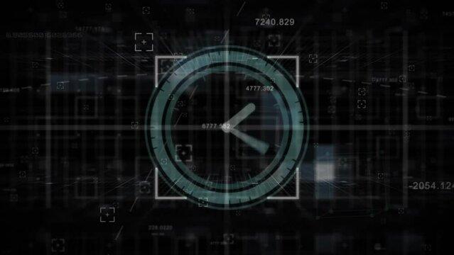 Animation of scanner with fast moving clock and scope processing data on black background