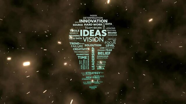 Animation of light bulb of aspirational business text over glowing lights on black background