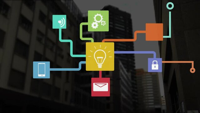 Animation of colourful network with light bulb and communication media icons over cityscape