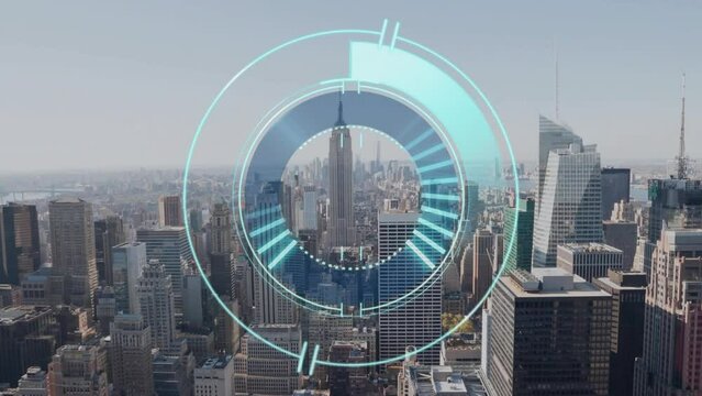 Animation of circular scanner processing over new york cityscape