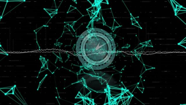 Animation of data stream over scanner with clock hands and networks on black background