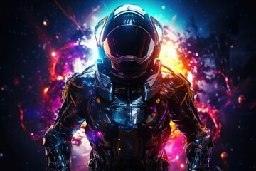 Futuristic armored space warrior stands amidst a swirling galaxy of stars, illustrating a sci-fi universe themed with vivid interstellar combat. - obrazy, fototapety, plakaty