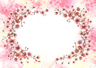 Blossoming branch from spring tree oval banner illustration Hand drawn blossoms sakura, cherry or apple buds and flowers on watercolor stain splashes background Springtime banner Isolated illustration