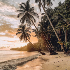 Golden hour at a tranquil tropical beach with palm trees.