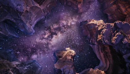 A majestic night sky full of stars viewed from a rocky canyon.