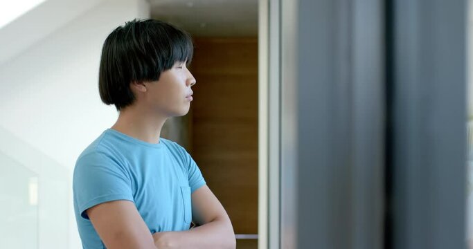 Teenage Asian boy stands thoughtfully indoors, with copy space