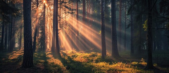 This captivating photo taken during the daytime showcases a natural spotlight effect as sunlight shines on a group of tall trees in the local forest. - obrazy, fototapety, plakaty