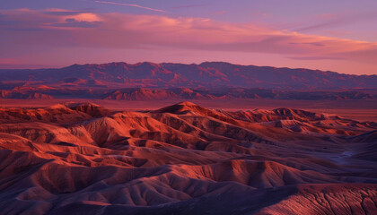 Fototapeta na wymiar Majestic sunset casting warm hues over textured desert terrain.