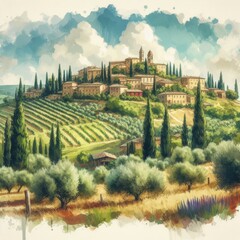Italian landscape of an small town village on a hill. - obrazy, fototapety, plakaty