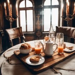 rustic breakfast inside an old  ship on the table