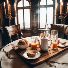 Foto op Plexiglas rustic breakfast inside an old  ship on the table © Roger Oliveira