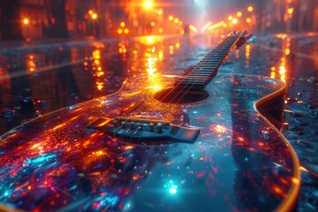 Detailed close-up of a guitar showcasing its strings, body, and features with a blurred background.