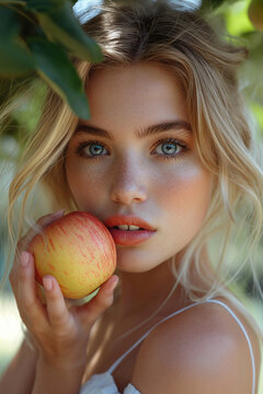 beautiful women with blue eyes, blonde, holding a juicy apple in her hand, sunny day, professional photo,