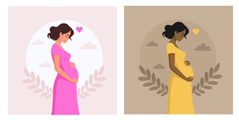 Two pregnancy day cards Black pregnant girl in a yellow dress, white pregnant woman in a pink dress in flat style and with plants