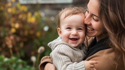 Obraz premium Mother laughing with 3 month old baby boy generative ai
