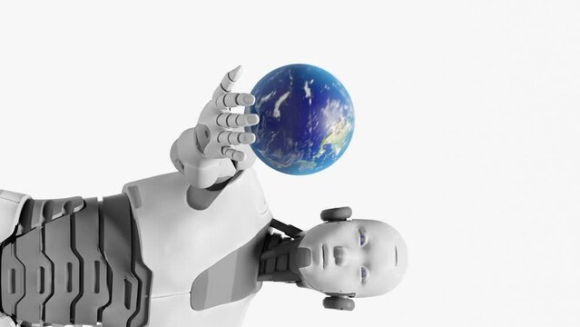 Vertical artificial intelligence taking over, humanoid robot prototype holding planet earth globe over his palm hand