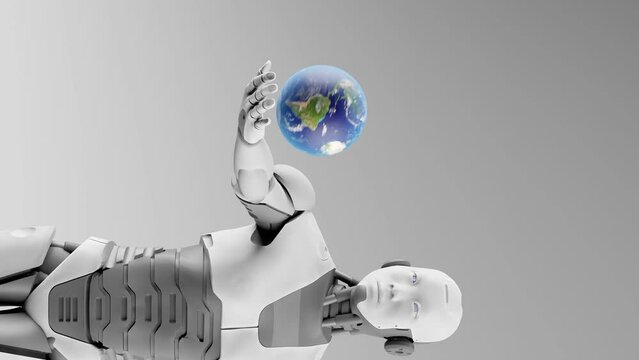 vertical of robot prototype cyborg holding over palm hand the globe planet earth artificial intelligence taking over concept in 3d rendering animation