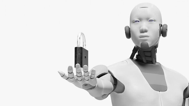 Artificial intelligence prototype cyborg robot holding a padlock portable lock in palm hand