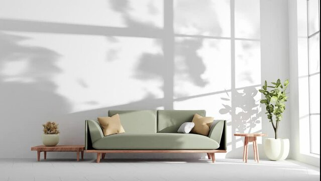 Modern apartment living room with couch and shadows clouds on the grey wall by gently summer wind breeze rendering animation Architecture interior design concept