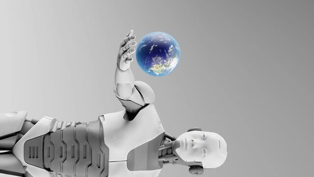 vertical of humanoid prototype cyborg holding plant earth in palm hand 3d rendering animation 
