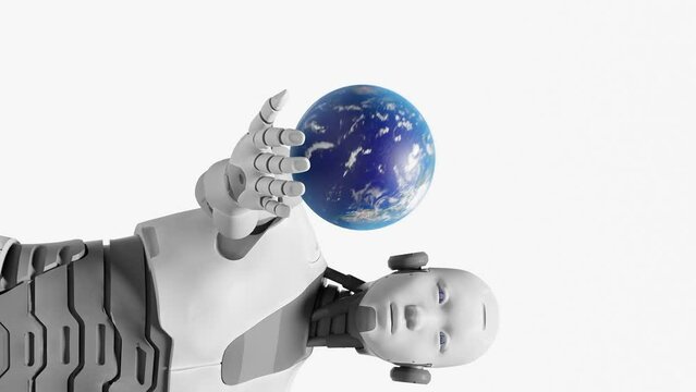 robot prototype cyborg holding over palm hand the globe planet earth artificial intelligence taking over concept in 3d rendering animation futuristic utopic scenario 
