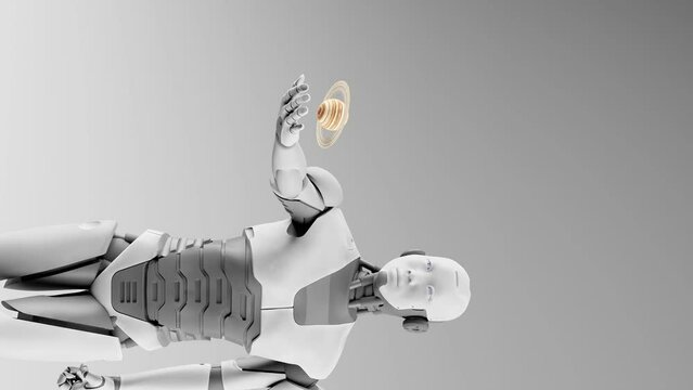 vertical Cyborg humanoid prototype holding Saturn planet of solar system artificial intelligence taking over concept conquering the space and galaxy in a futuristic scenario 3d rendering animation 