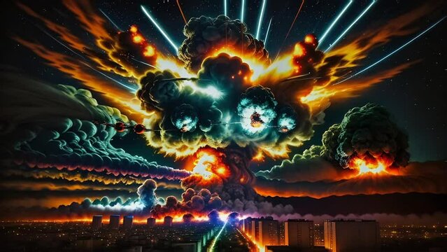 Nuclear explosion of an atomic bomb at night. Shock wave against the background of a nuclear mushroom during the release of thermal and radiant energy as a result of uncontrolled nuclear fission