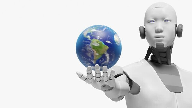 Artificial intelligence taking over concept, a humanoid prototype cyborg robot holding plant earth globe while rotating on his palm hand 3d rendering animation 