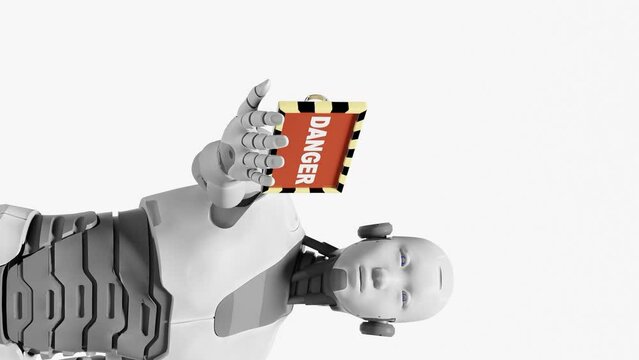 Artificial intelligence robot prototype humanoid cyborg holding danger sign on his palm hand warning the humanity society from taking over in futuristic scenario 3d rendering animation 