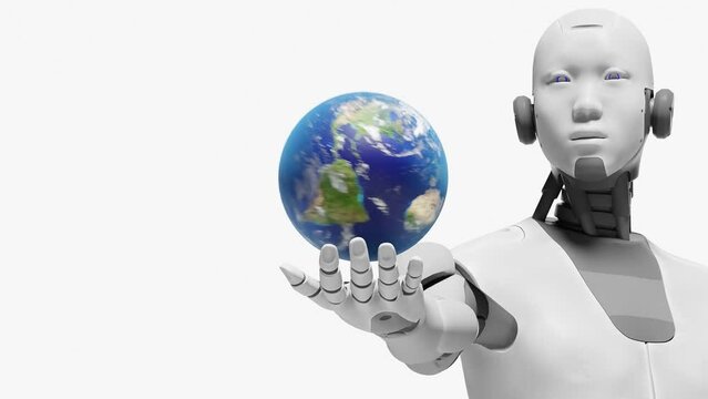 robot prototype holding over palm hand the globe planet earth artificial intelligence taking over concept in 3d rendering animation 
