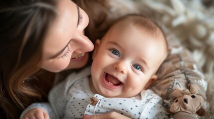 Mother laughing with 3 month old baby boy generative ai