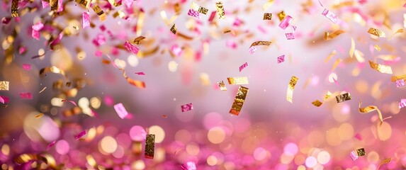 Fototapeta na wymiar Abstract festive background of pink and gold confetti with a blurred bokeh effect, symbolizing celebration and joy