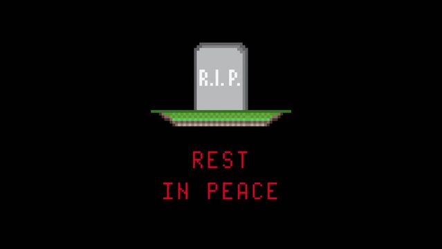 Funny pixel art animation: a tombstone falling from the sky onto a grave (marked by a mound of dirt adorned with grass), with the text inscription Rest In Peace.