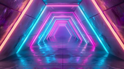 3D rendering of a futuristic background with triangles and bright colorful neon lights background