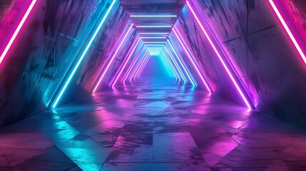 3D rendering of a futuristic background with triangles and bright colorful neon lights background