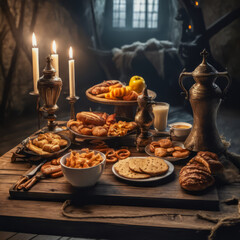 Fototapeta na wymiar A rustic wooden table stands amidst the smoky, dim interior of a ship cabin. A breakfast of warm croissants, steaming coffee, and fresh fruit adds a touch of brightness. Soft, vintage light filters th