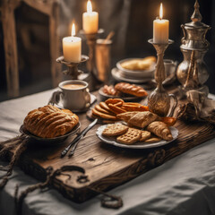 rustic breakfast inside a ship with a gloomy atmosphere