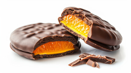 Homemade artisenal jaffa cakes with orange jello filling on bright white background