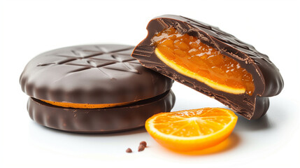 Homemade artisenal jaffa cakes with orange jello filling on bright white background