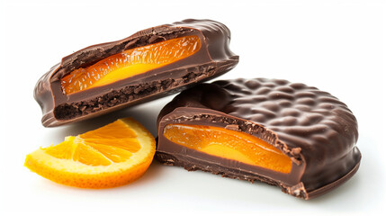 Homemade artisenal jaffa cakes with orange jello filling on bright white background
