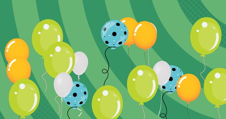 Image of colorful balloons flying over green background