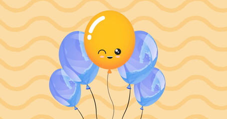 Image of colorful balloons flying over wavy yellow background