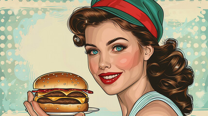 1950's retro fast food waitress Comic book cartoon pop art  illustration