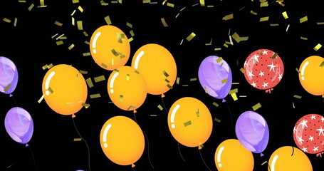 Image of colorful balloons flying and falling confetti over black background