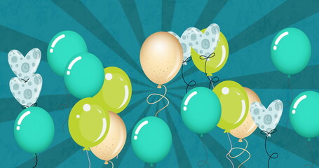 Image of colorful balloons flying over blue background