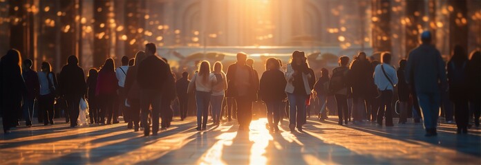 Crowd of people walking on wide city street with sunset at the background., City life, social issues concept
 - obrazy, fototapety, plakaty