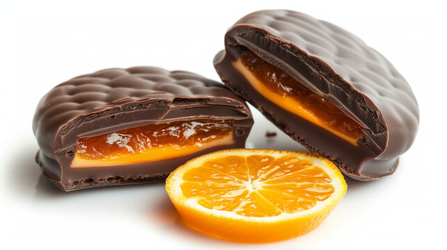 Homemade artisenal jaffa cakes with orange jello filling on bright white background