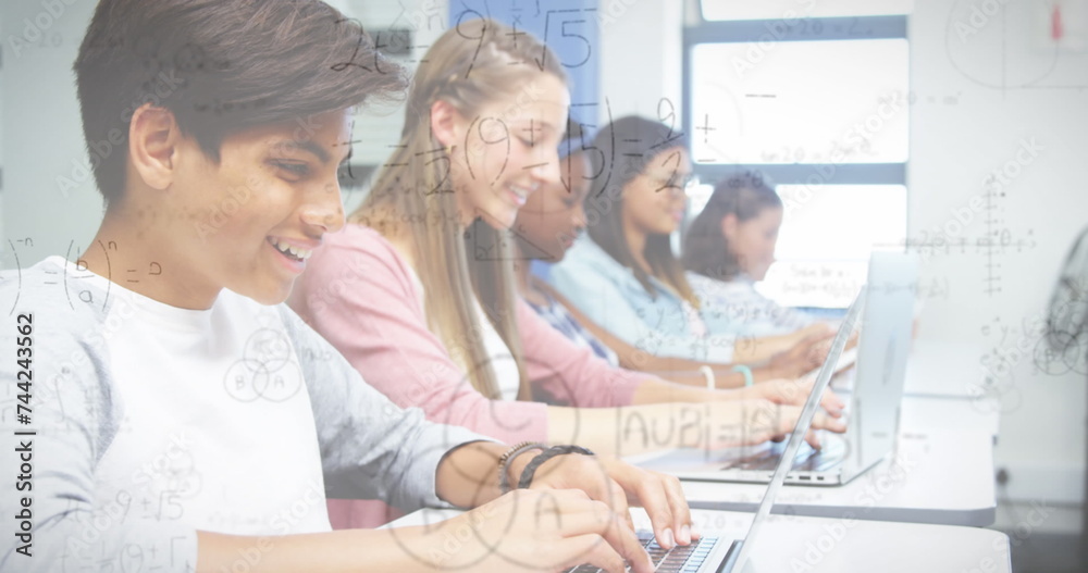 Poster image of mathematical formulas over students using computers