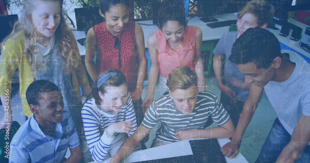 Poster image of mathematical equations over smiling students using computer